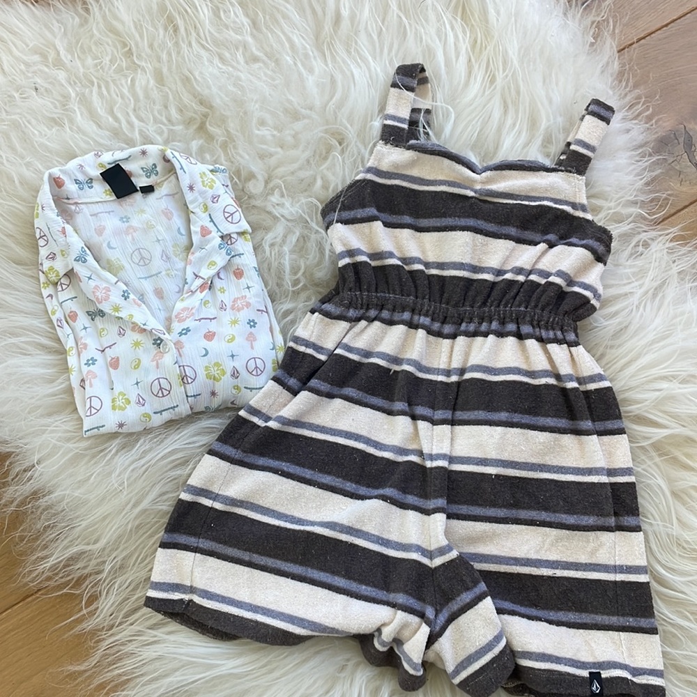 Lot of 4 Volcom girls woven shirt, 2 rompers, tee shirt dress